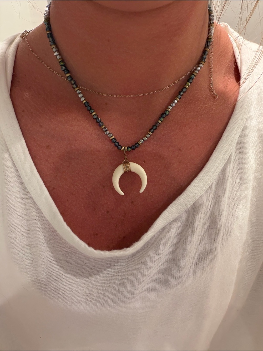 Gold Crescent Pendant Necklace with Gray Beaded Chain - Women Jewelry